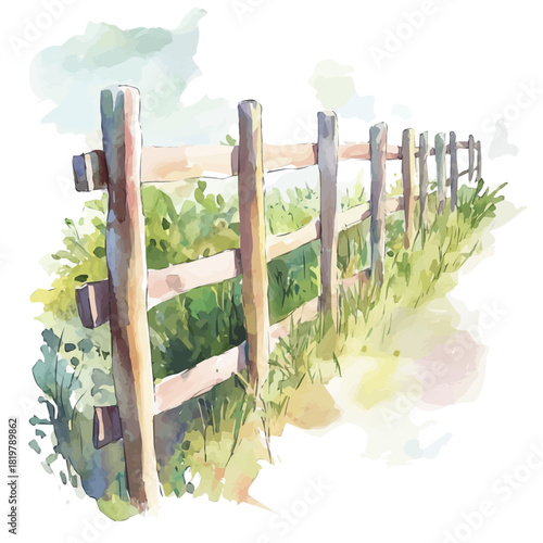 Watercolor_style_painting_of_a_fence_in_farm_Simple Hand-painted watercolor style, vectorized, painting style, vector set available in EPS	
