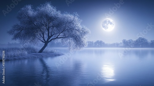 Serene winter night landscape with a solitary tree reflecting in calm water under a full moon.