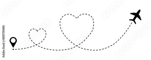 Airplane flight heart path doodle icon. Dotted map route for travel and journey, dash line air plane route. Vector illustration isolated on white background