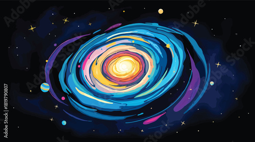Bright swirling galaxy illustration with glowing cosmic center
