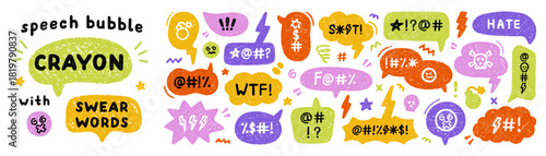 Comic crayon speech bubble with swear word and hate doodle. Hand drawn chalk grumpy text balloon with curse or insult in sketch style. Pencil rude profanity censorship in scribble talk cloud