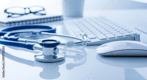 Stethoscope on a reflective medical office desk with modern computer equipment and eyeglasses