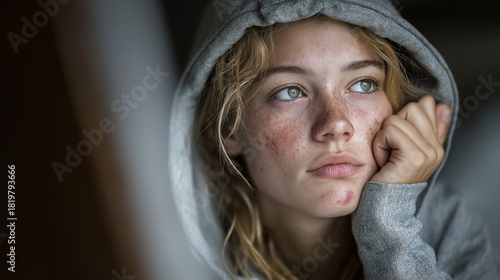 A young woman with acne and freckles rests her face on her hand, wearing a hooded sweatshirt and looking thoughtfully towards soft window light in a room indoors