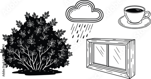Rainy day coffee cup window view bush illustration vector graphic eps silhouette