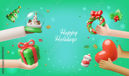 Happy holidays, New Year and Christmas 3D vector banner, diverse hands holding gift box, heart, Christmas decorations