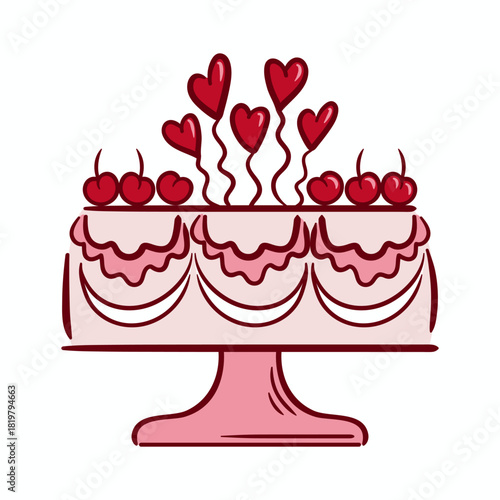 A multi-tier cake adorned with red hearts and cherries, each tier wrapped with creamy ruffled edges for a whimsical, festive look.