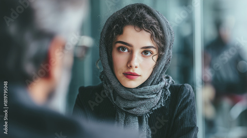 Male employer (Middle Eastern) interviewing female candidate (Caucasian), focused expressions, glass-wall office, natural light