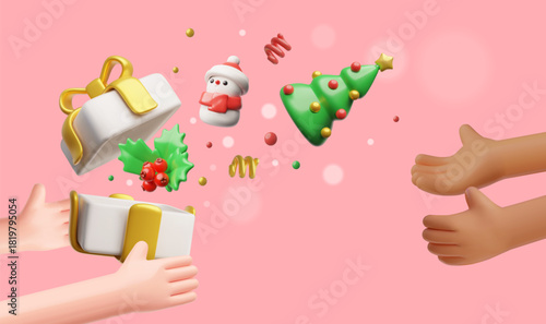 3D hands passing a gift box, from which emerges a Christmas tree, snowman, and holly branch.
