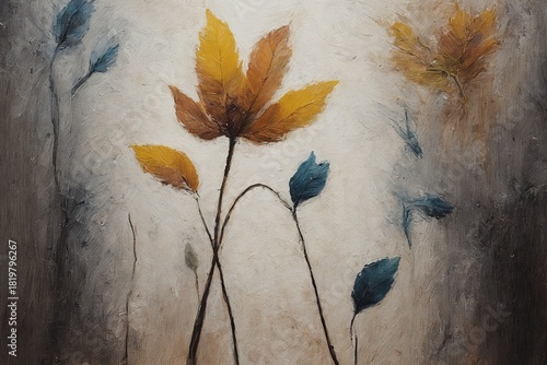 A vibrant, textured painting of a stylized tree with bold, colorful leaves in shades of teal, gold, orange, and greenevoking autumnal energy against a soft 