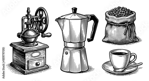 Coffee-themed vintage illustrations set coffee grinder, pot, bag of beans, and cup for design