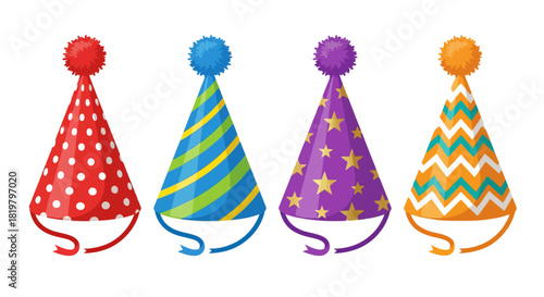 Vibrant collection of cheerful party hats with diverse patterns and colorful pompoms, perfect for birthdays, celebrations, and festive events