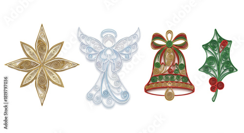 Festive Christmas Quilling Decorations Angel, Bell, Holly, and Star Ornaments