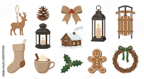A charming collection of hand-drawn rustic Christmas and cozy winter holiday elements for seasonal design