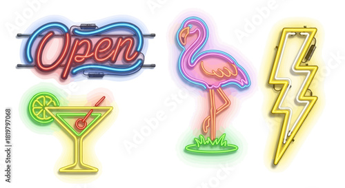Vibrant collection of illuminated neon signs featuring an 'Open' text, a graceful flamingo, a refreshing cocktail, and a powerful lightning bolt icon