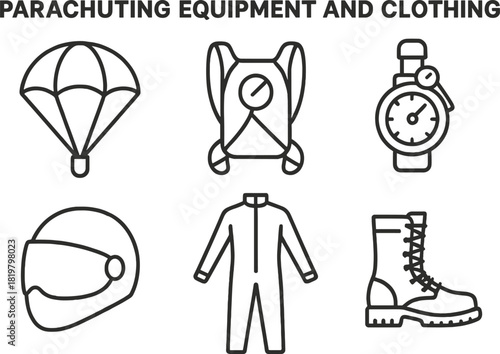 Parachute Gear and Skydiving Clothing Line Icons