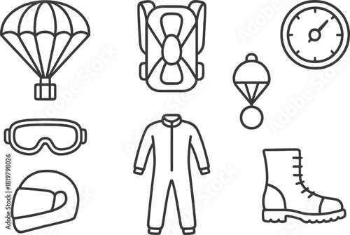 Skydiving Equipment and Parachute Gear Line Icons