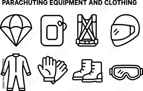 Skydiving Gear and Parachute Clothing Line Icons