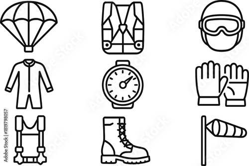 Parachute and Skydiving Equipment Line Icons Set