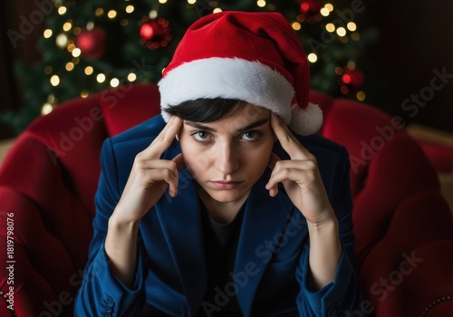 Woman in Santa hat looks thoughtful during the Christmas holiday season