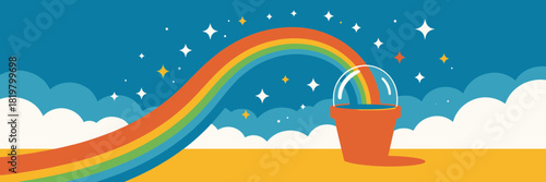 A colorful rainbow ends in a pot under a starry sky. St. Patrick's Day concept of luck and magic. Flat design vector illustration