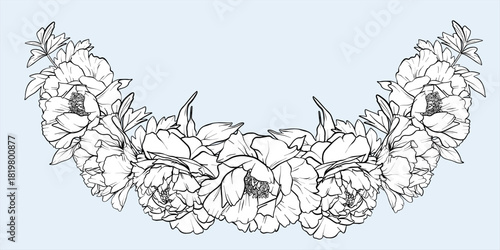 Floral garland of Peony. Line art vector illustration spring flowers. Flower graphic illustration. Plant drawing in line art style. Hand drawn outline flowers painted by black inks. eps10