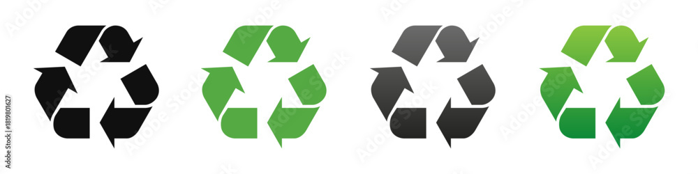 Fototapeta premium Set of vector recycling icons in flat style showing plastic recycle symbol with green eco friendly arrows. Vector illustration of eco icons designed for sustainability, environment awareness