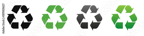 Set of vector recycling icons in flat style showing plastic recycle symbol with green eco friendly arrows. Vector illustration of eco icons designed for sustainability, environment awareness