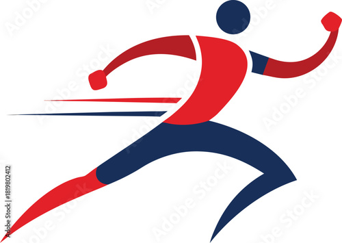 Abstract stylized runner in motion, red and blue, speed and fitness concept