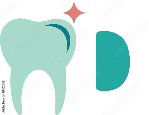 Clean tooth and letter d icon with sparkle on teal background