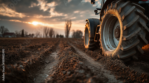 A powerful tractor sits stationary in a plowed field as the sun dips below the horizon, casting a warm golden glow. Fertile soil and tire tracks dominate the foreground