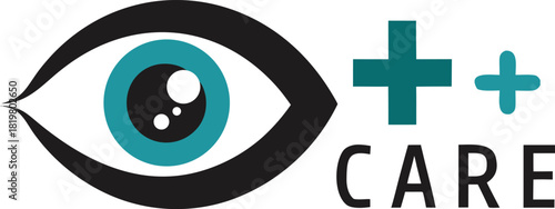 Eye care logo with cross symbol and text care
