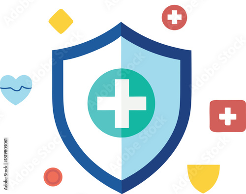 Health shield and medical symbols for protection and well-being concept