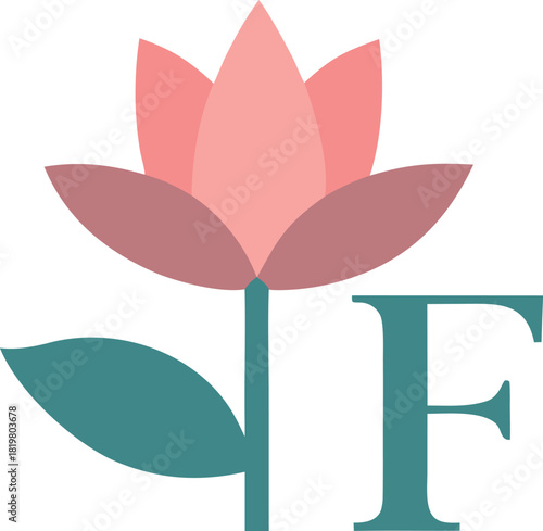 Pink lotus flower with teal leaf and letter f logo design