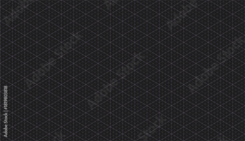  Dark isometric mesh chart background with seamless millimeter graph paper. Triangle grid vector texture for blueprint, engineering drawing, dissertation, abstract template and geometric design