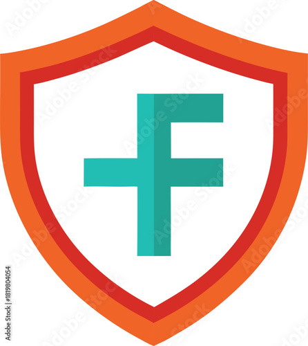 Shield with turquoise plus symbol inside. abstract vector art.