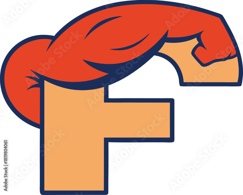 Strong letter f with muscular arm and clenched fist vector illustration