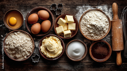 Flour, eggs, butter, sugar, and baking tools are laid out neatly in wooden bowls on a dark, rustic wooden surface. The scene exudes warmth and a homemade feel, ready for baking