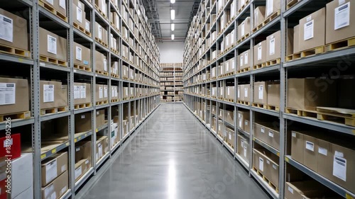 Expansive warehouse aisles with stacked boxes in symmetrical layout for ecommerce and logistics