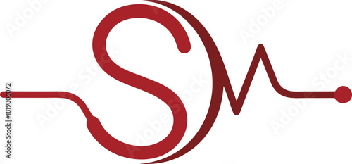 Red heartbeat line forming letter s and abstract shape on blue