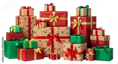 A festive arrangement of christmas presents wrapped in colorful paper background transparent