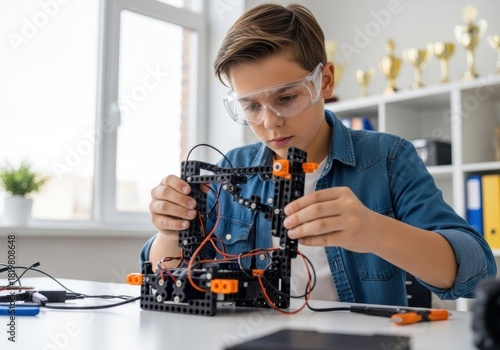 Young boy assembling a robotics project with safety glasses in a bright room