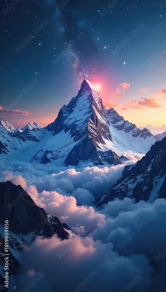 Fototapeta premium A majestic mountain range piercing the clouds, resembling a colossal universe in miniature Stars seem to swirl around its peaks, a breathtaking cosmic landscape , sublime, elevation