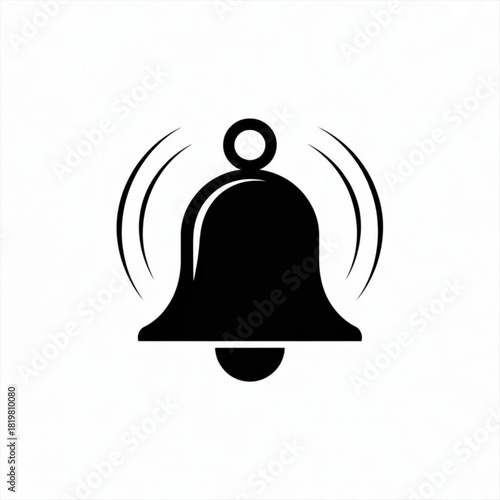 Simple black bell icon with radiating sound waves on a white background