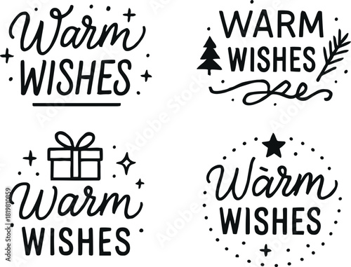 Holiday greetings linear icon set. featuring warm wishes, festive tree, gift, and decorative elements