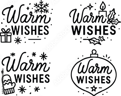 Holiday greetings linear icon set. featuring gift, snowflake, candle, holly, mitten, and ornament designs