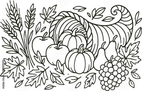 Thanksgiving harvest linear icon set. featuring cornucopia, pumpkins, apples, grapes, wheat, and pears