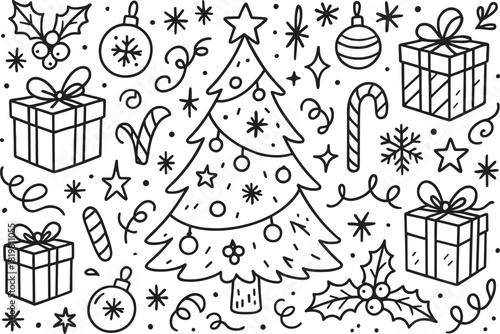 Christmas celebration linear icon set. featuring tree, gifts, ornaments, candy cane, snowflake, holly, and ribbons
