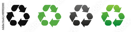 Set of vector recycling icons in flat style showing plastic recycle symbol with green eco friendly arrows. Vector illustration