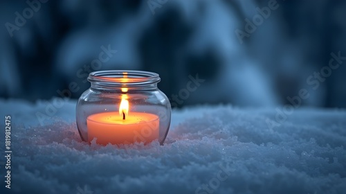 A warm candle in a glass jar placed on snow, symbolizing warmth and calm in a cold winter landscape.