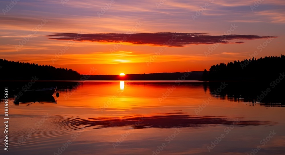 Obraz premium Fiery Lake Sunset Silhouetted Trees Boat and Vibrant Reflections.